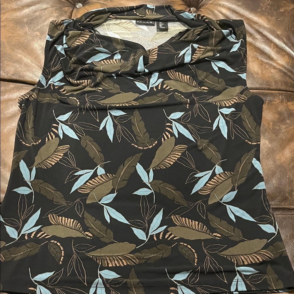 Tahari Black Blouse with Blue and Brown Leaf Pattern